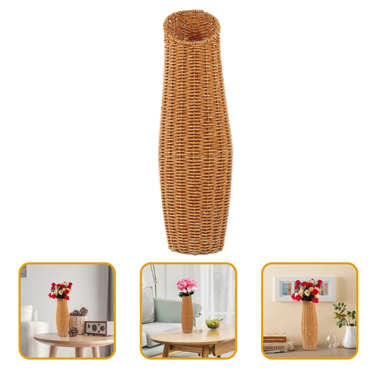 Tall brown natural wicker cylinder vase – multiple views