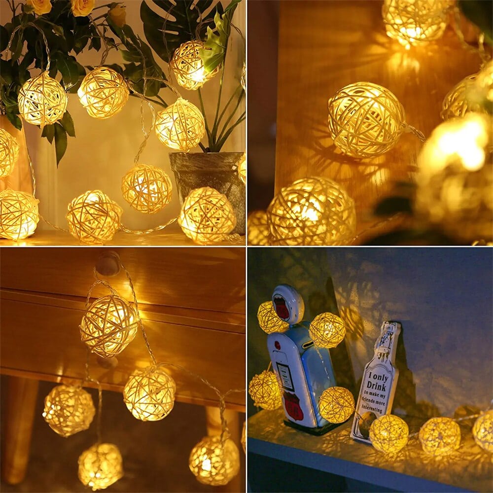 Rattan ring string lights with ten bulbs – multiple views