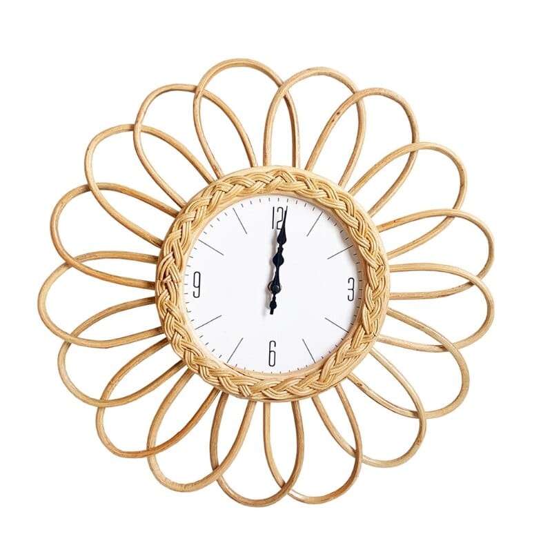 Hand-woven rattan wall clock with a central rosette