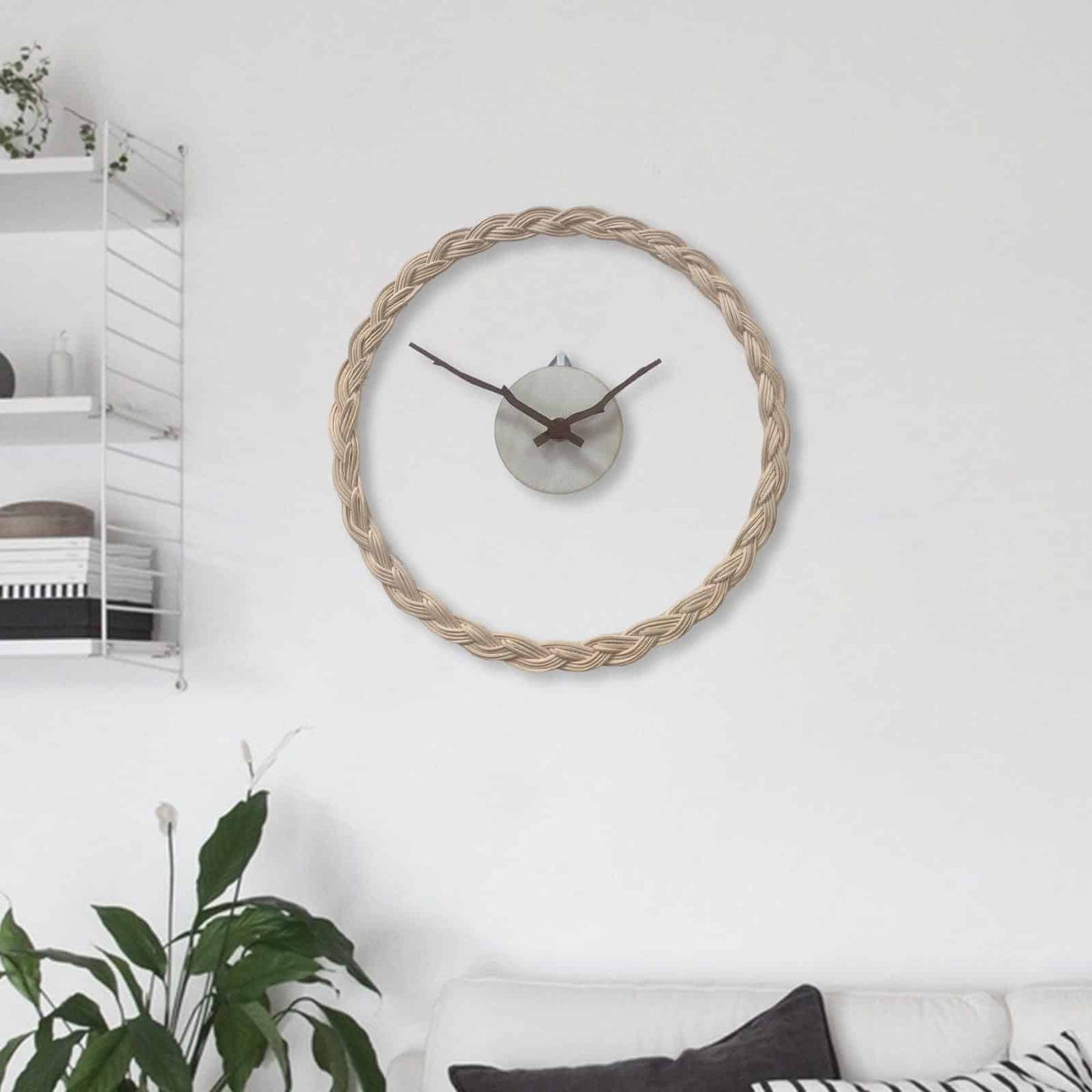 Minimal rattan wall clock with branch-like rattan hands – another view