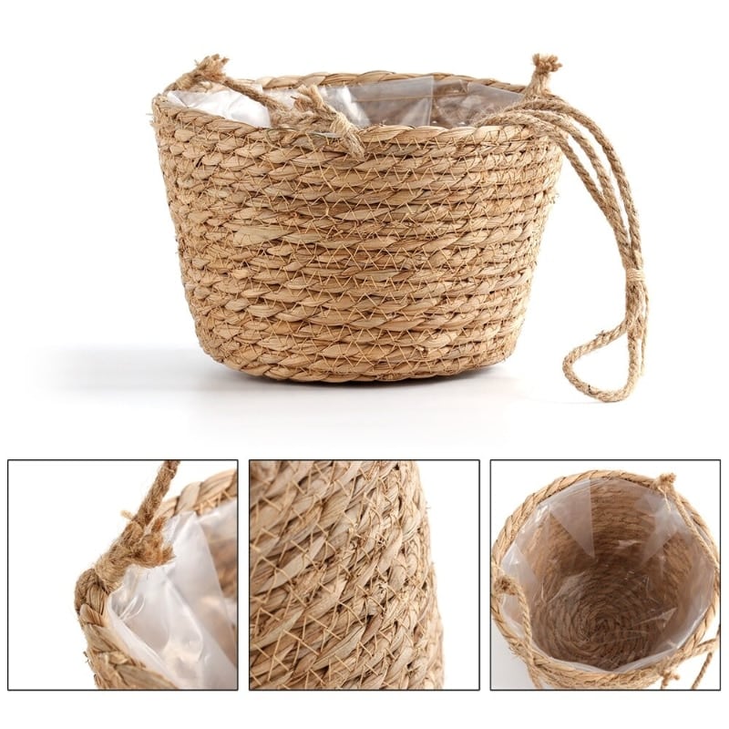 Hand-braided rattan garden hanging planter – multiple views