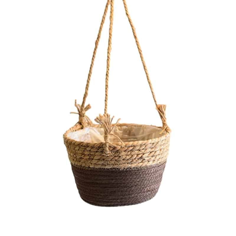 Hand-braided rattan garden hanging planter – brown variant, another view