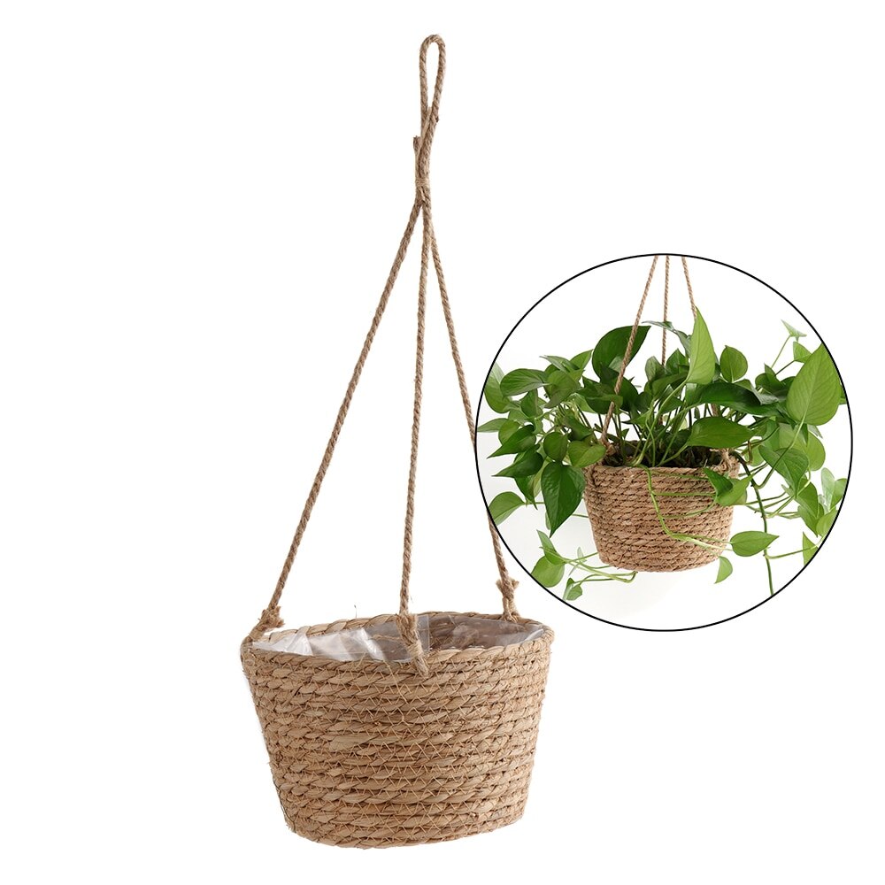 Hand-braided rattan garden hanging planter – beige variant, another view