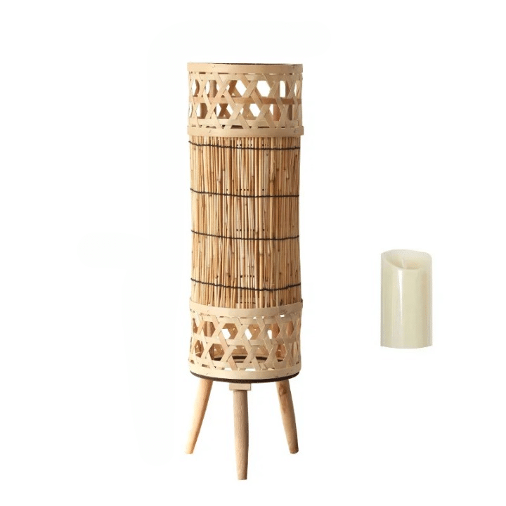 Wicker-look floor lamp with an electric candle