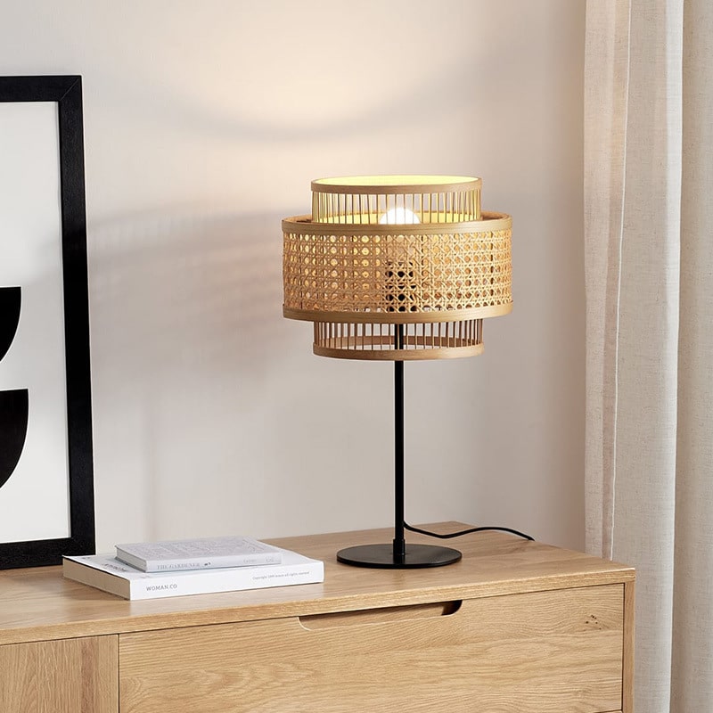 Double-shade rattan and bamboo floor lamp