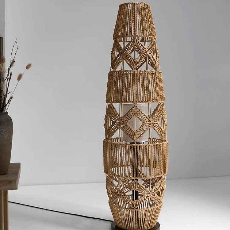 Hand-knit wicker LED floor lamp with a tightly woven shade – shown lit (2)