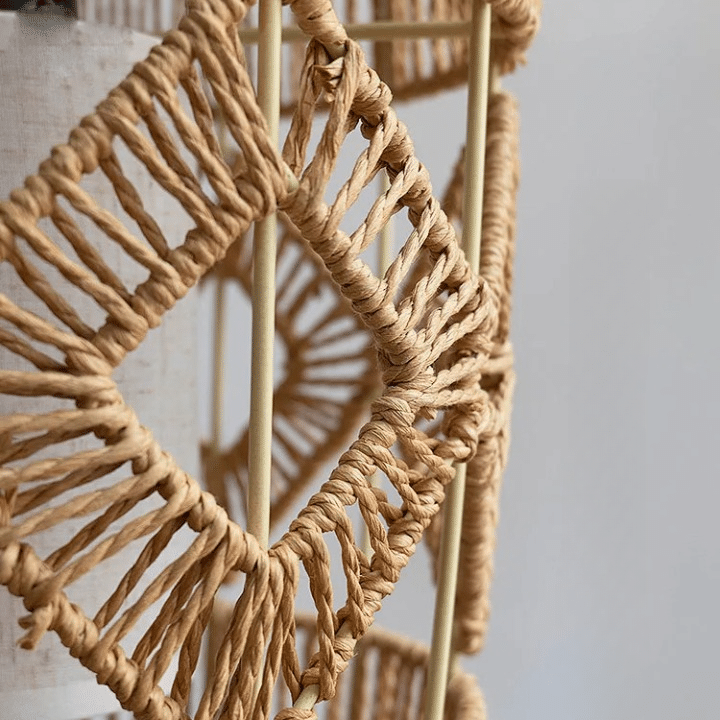 Hand-knit wicker LED floor lamp with a tightly woven shade – close-up detail (2)