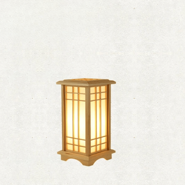 Japanese lantern-style light wood LED bedside lamp with slats – shown lit