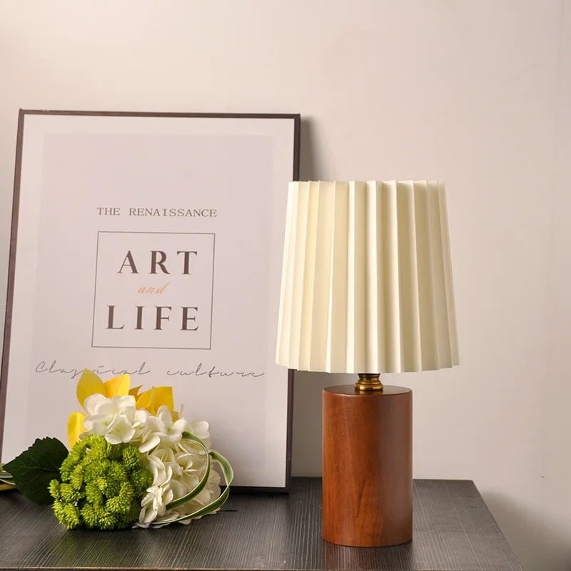 Modern wood bedside lamp with a clean-lined shade – shown in a room setting (2)