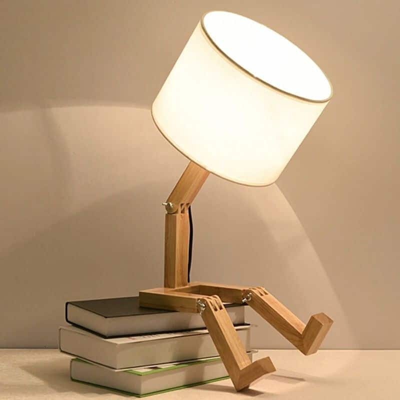 Hand-turned wooden robot table lamp