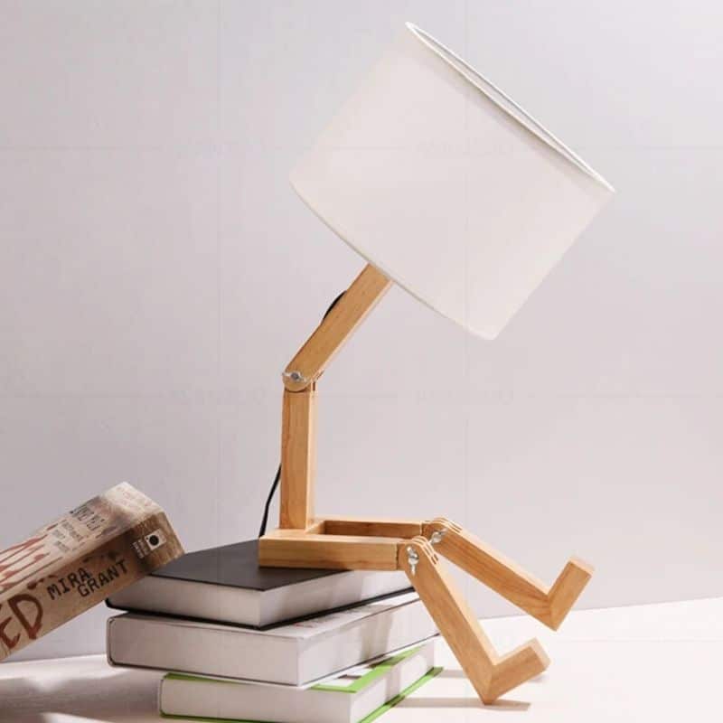 Hand-turned wooden robot table lamp – shown in a room setting (2)