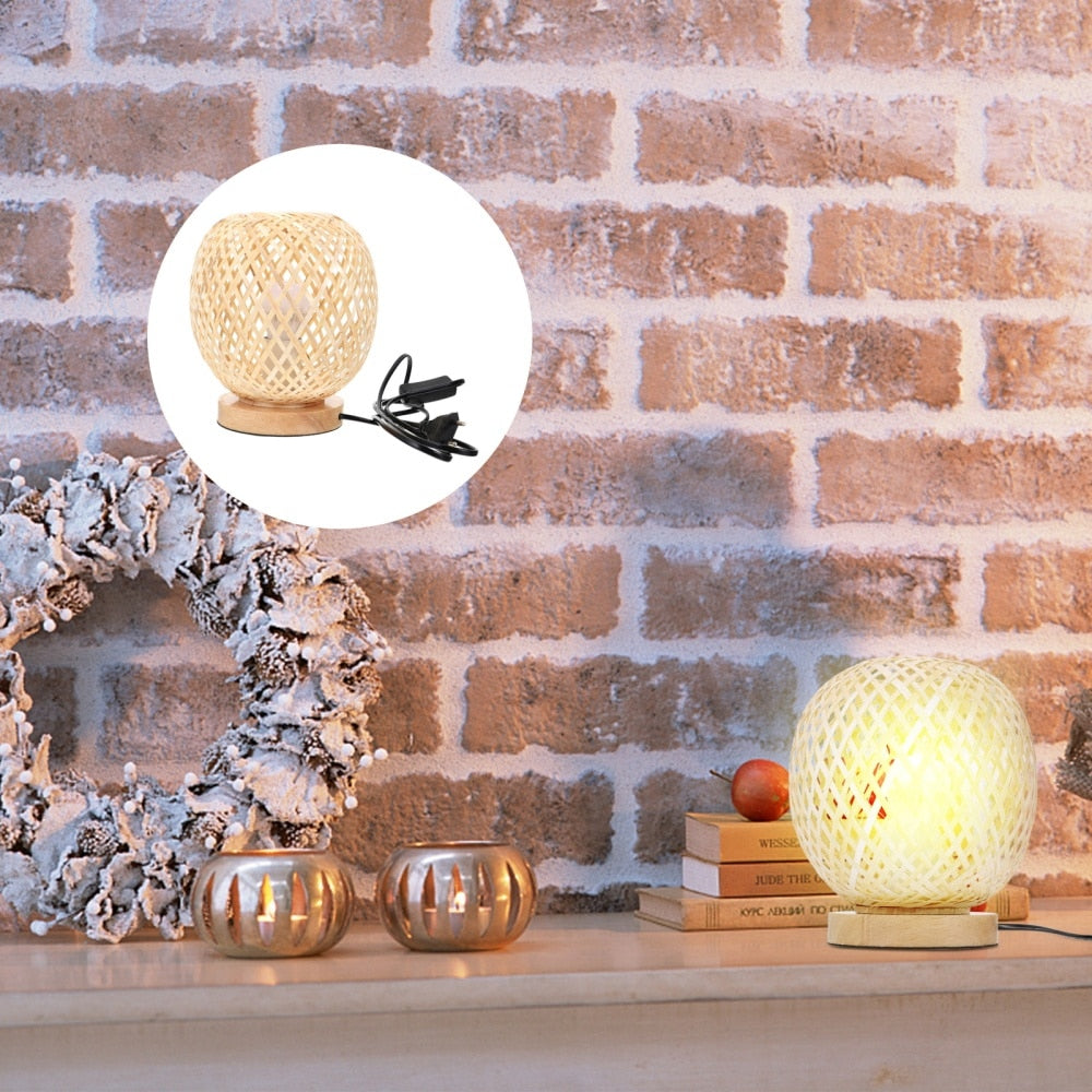 Domed round handwoven rattan table lamp – shown in a room setting