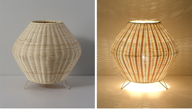 Handwoven tapered natural bamboo table lamp – multiple views