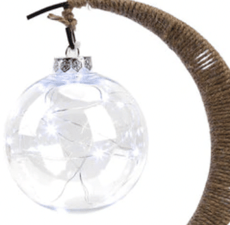 Battery-operated woven hemp crescent moon lamp with a silver bulb – close-up detail