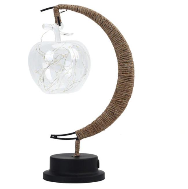 USB woven hemp crescent moon lamp with an apple-shaped bulb – another view