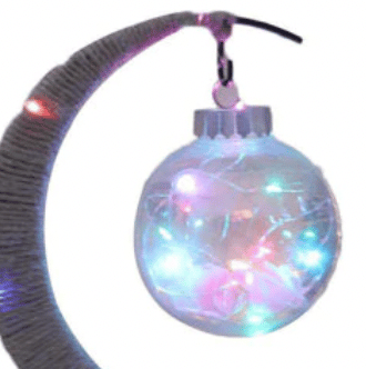 USB color-changing woven hemp crescent moon lamp with a globe bulb – close-up detail, lit