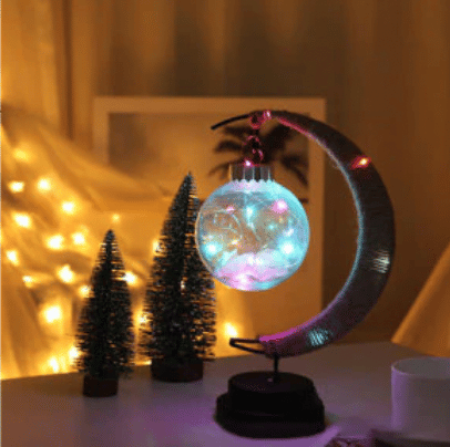 USB color-changing woven hemp crescent moon lamp with a globe bulb – shown lit in a room setting