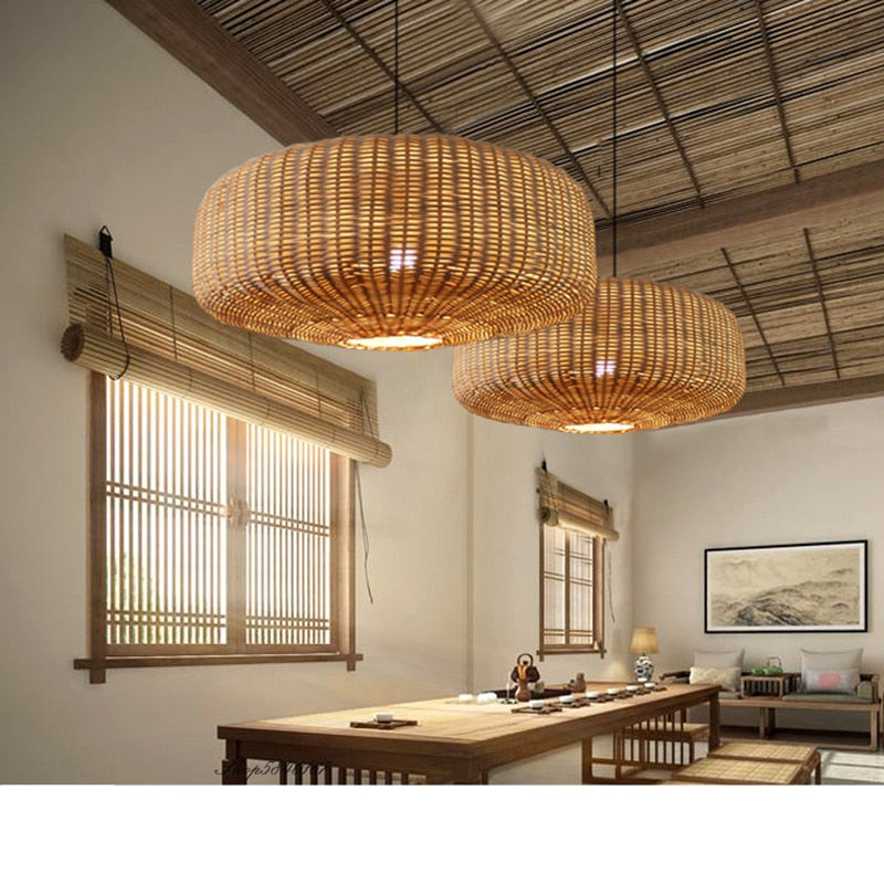 Chinese-style retro handmade rattan pendant light – shown in a room setting (2)