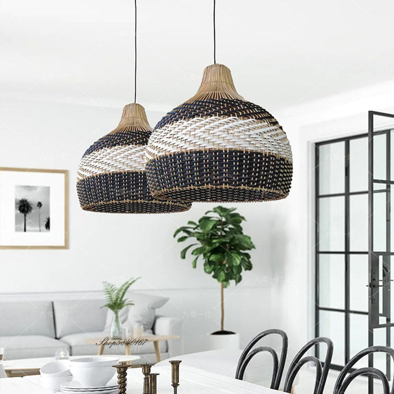 Chinese-style openwork handwoven rattan pendant light – shown in a room setting (2)