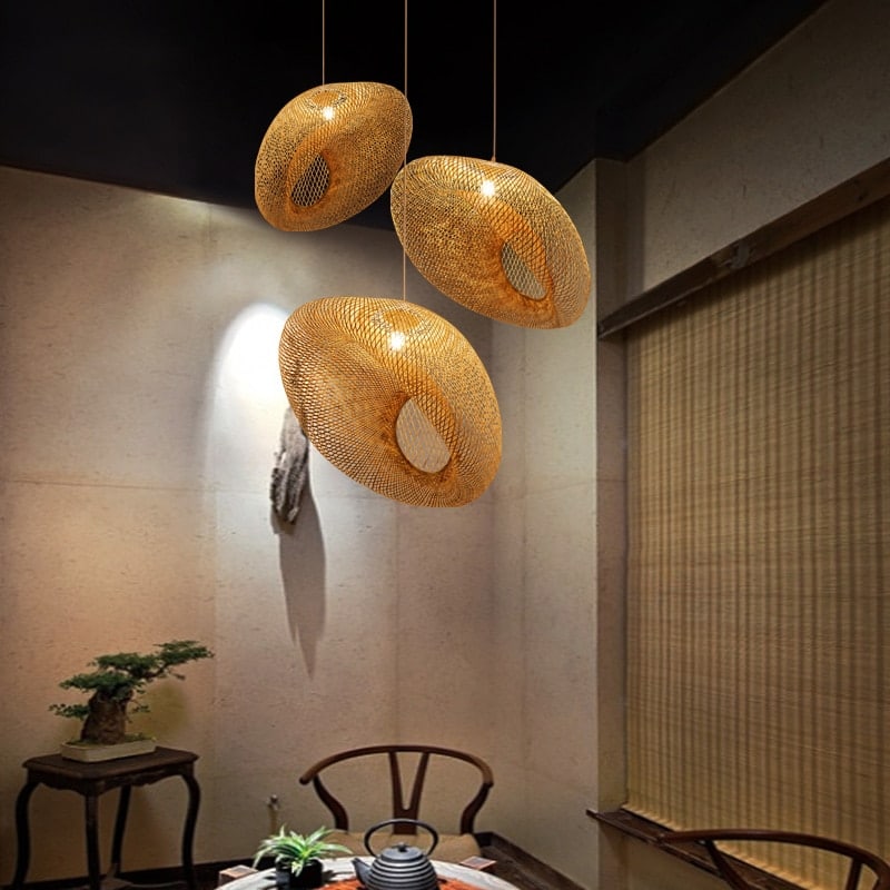 Rustic handwoven rattan dome pendant light – shown in a room setting