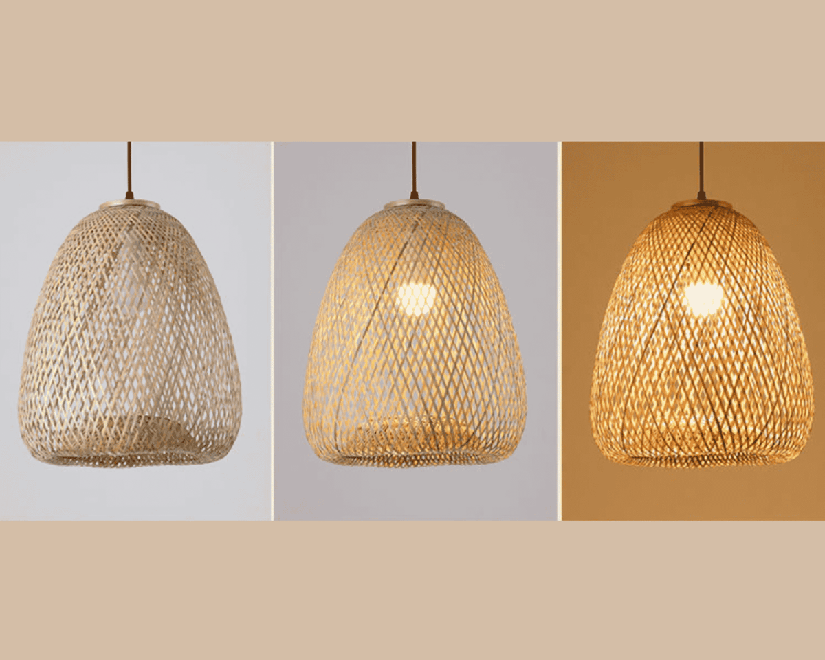 Rounded tulip handwoven natural rattan pendant light – multiple views