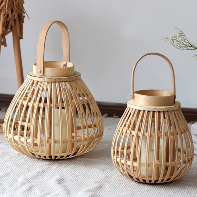 Tall handwoven decorative rattan lantern – shown in a room setting (2)