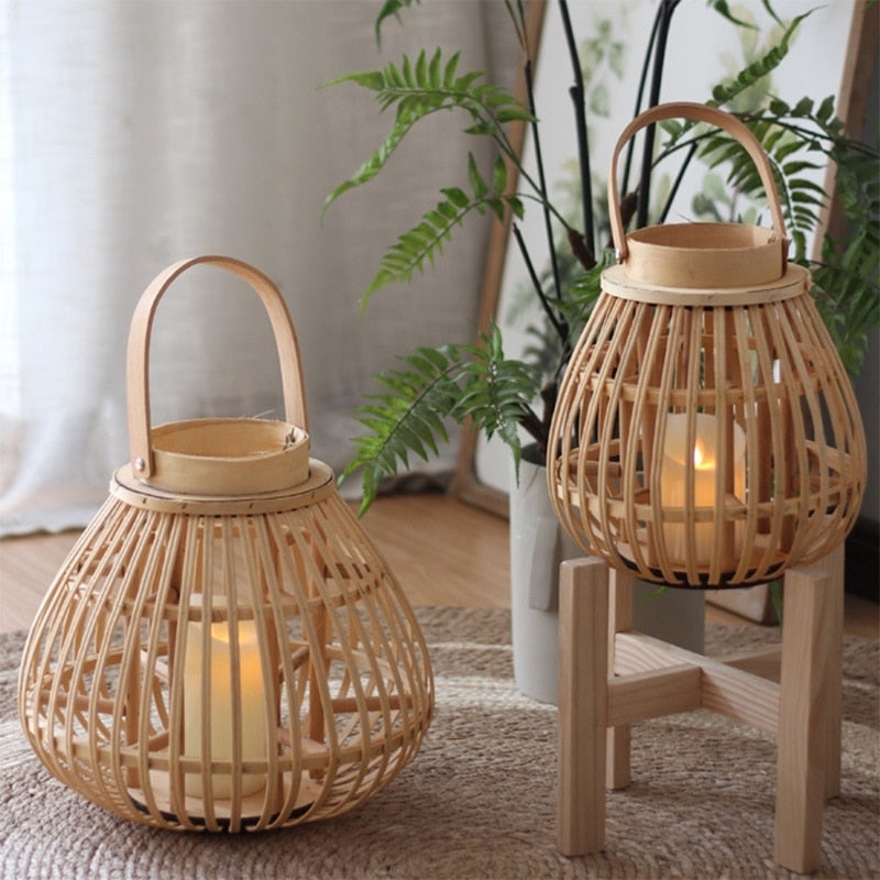 Tall handwoven decorative rattan lantern – shown in a room setting