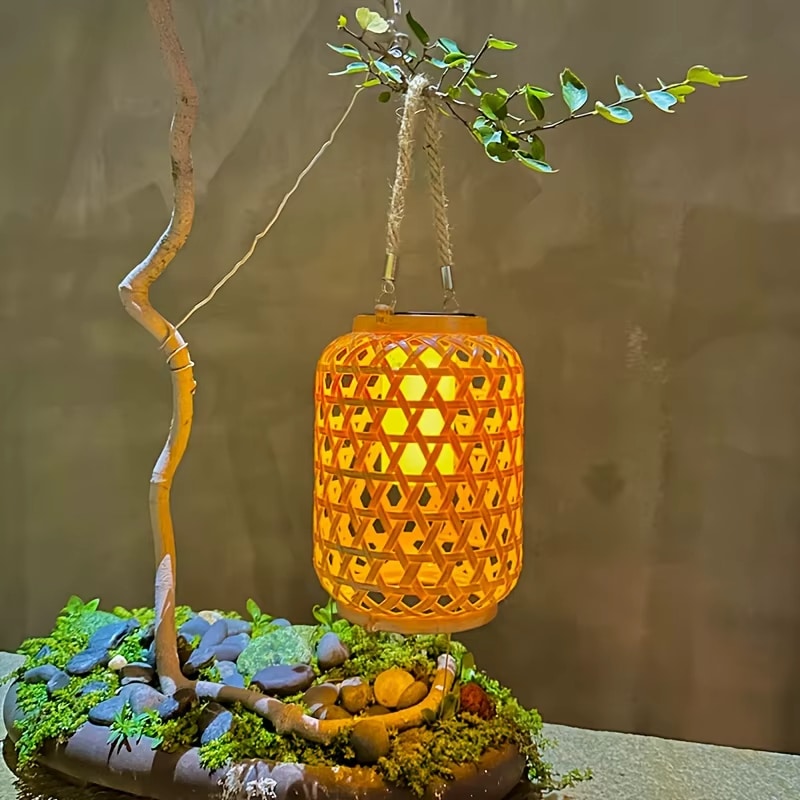 Woven hemp rope solar lantern – shown outdoors
