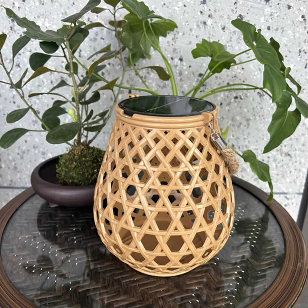 Vintage rattan-look solar lantern in beige – shown outdoors