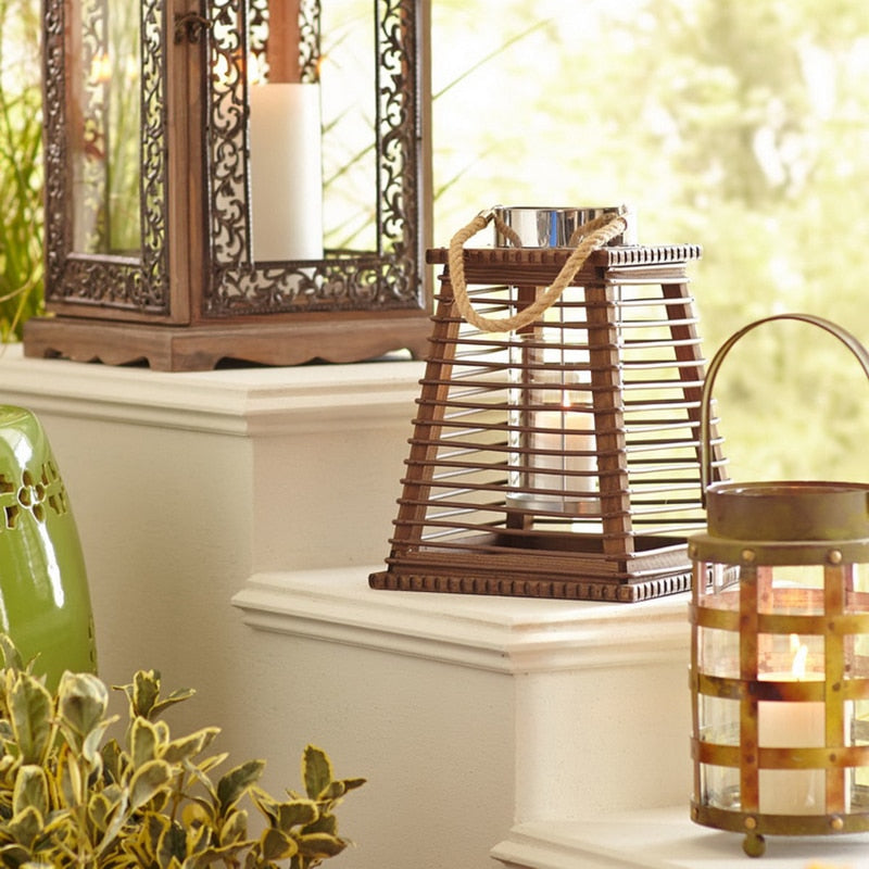 Architectural wooden slat lantern – shown outdoors