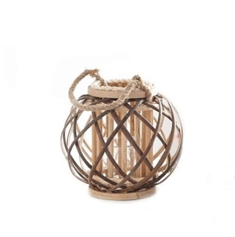 Square retro rattan lantern with spiral woven rope