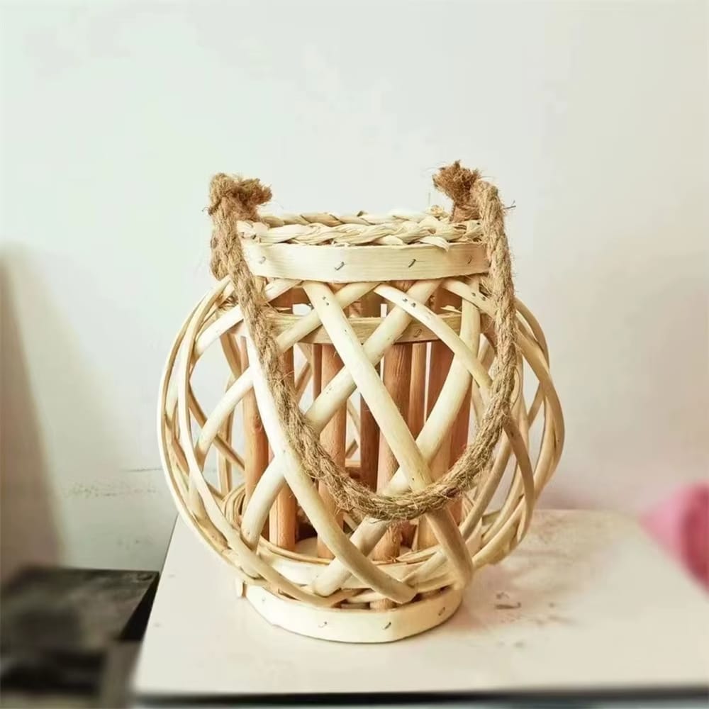 Modern rattan slat lantern with a braided handle