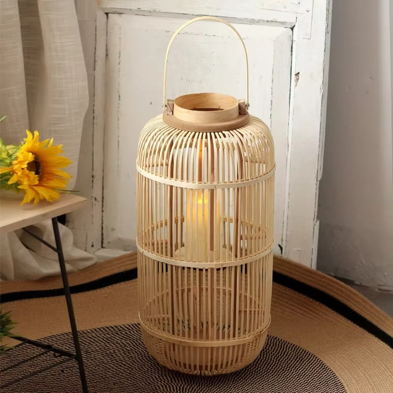 Chinese-style ovoid handwoven rattan lantern – shown in a room setting