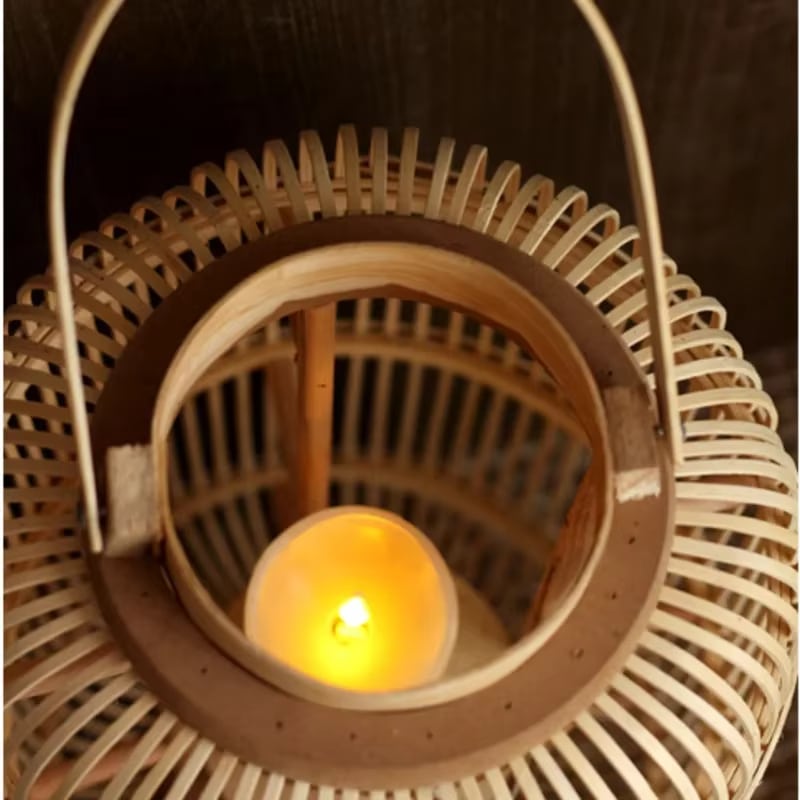 Chinese-style ovoid handwoven rattan lantern – close-up detail, lit