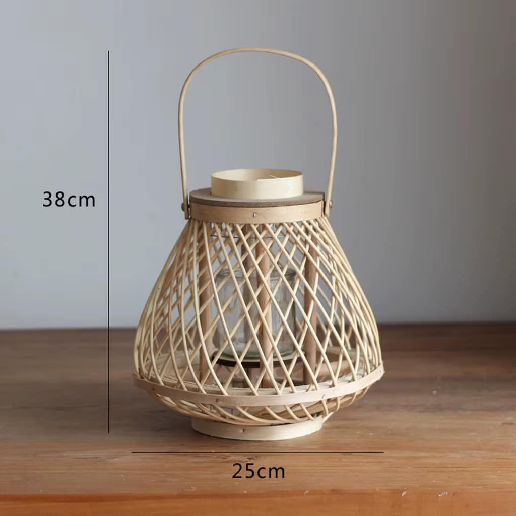 Handwoven bamboo lantern in beige and honey tones – dimensions diagram