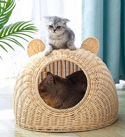Rattan-look plastic cat bed – shown in a room setting (2)