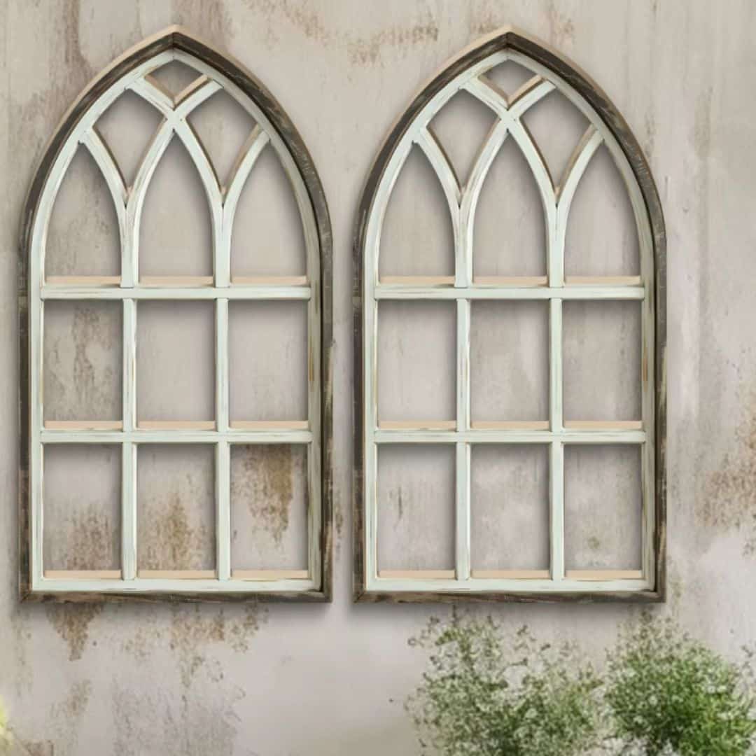 Set of two wooden window pane wall frames – shown in a room setting