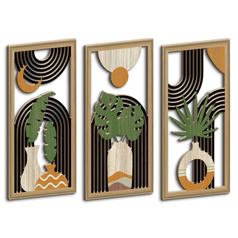 Set of three wooden art wall decorations in warm tones