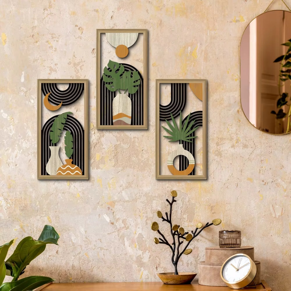 Set of three wooden art wall decorations in warm tones – shown in a room setting (2)