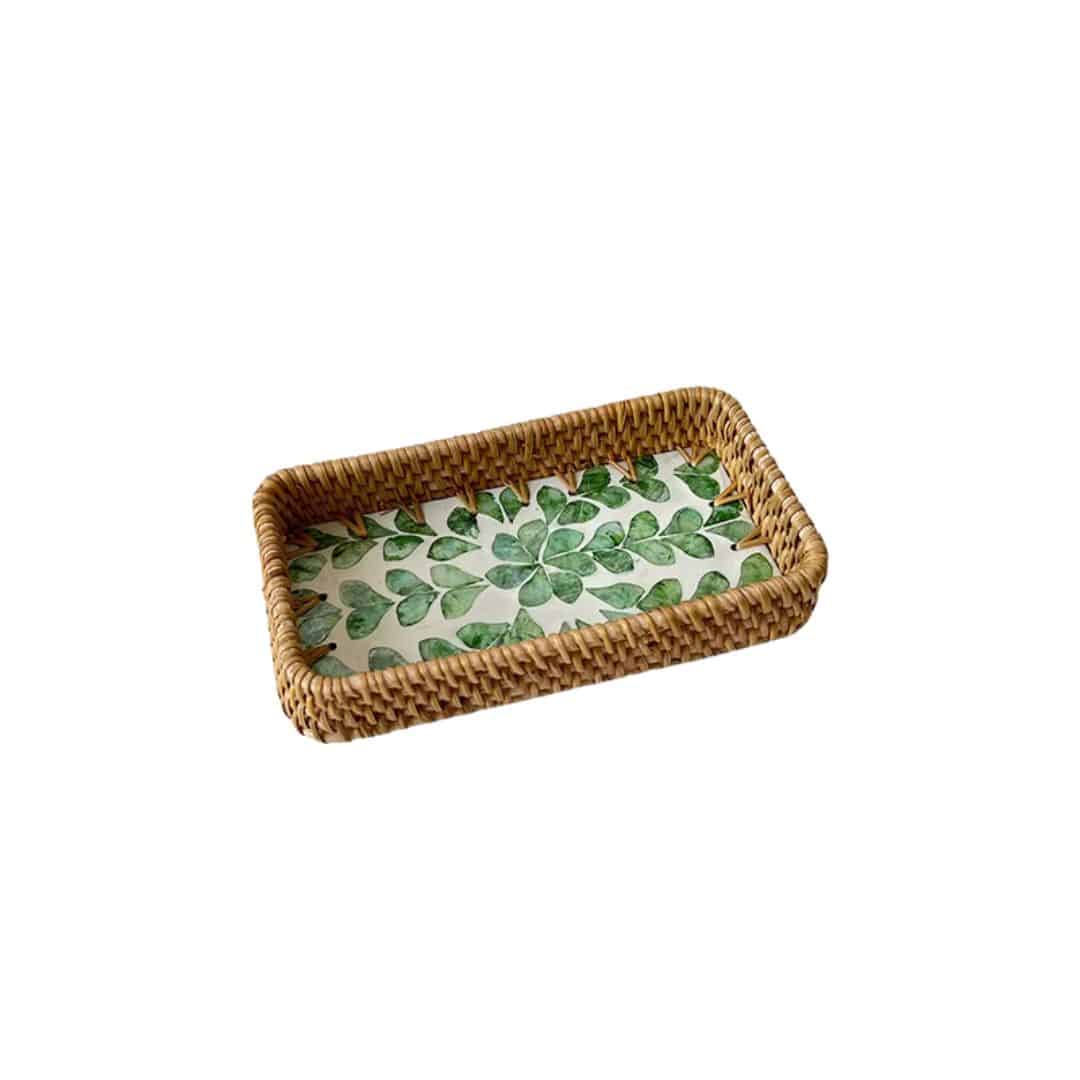 Set of three rattan trays with woven leaf motifs – another view
