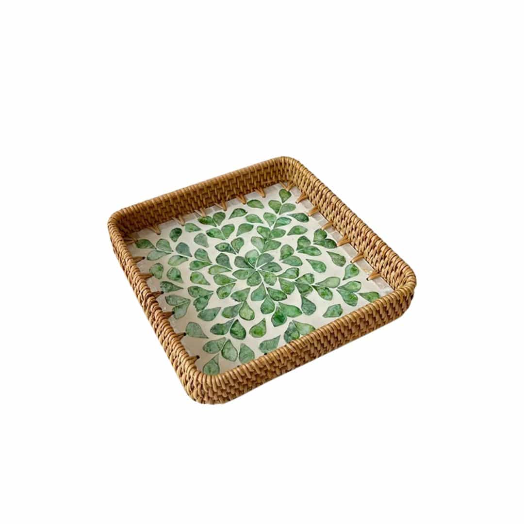 Set of three rattan trays with woven leaf motifs – another view (2)