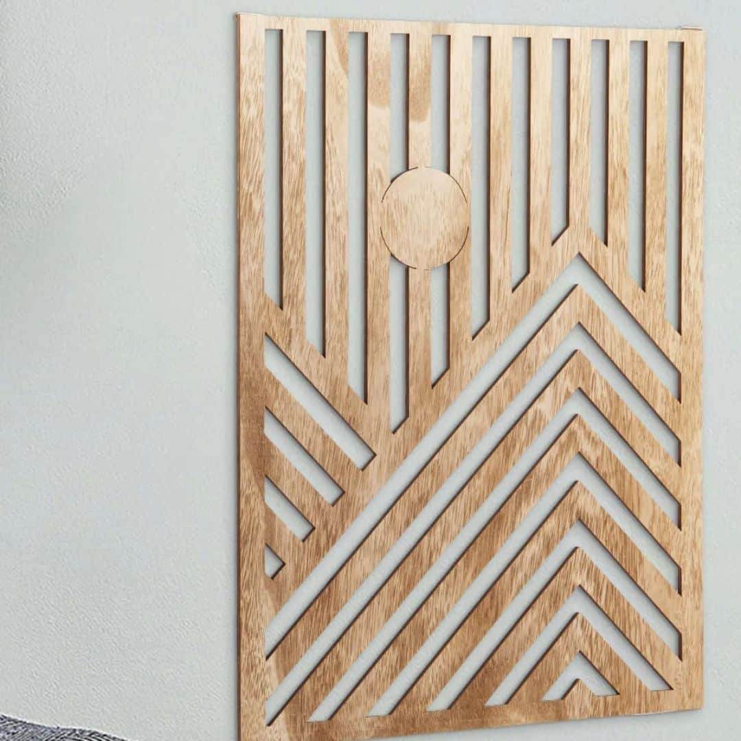 Set of three geometric wooden wall sculptures – close-up detail