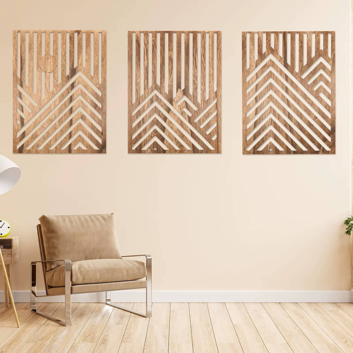 Set of three geometric wooden wall sculptures – shown in a room setting