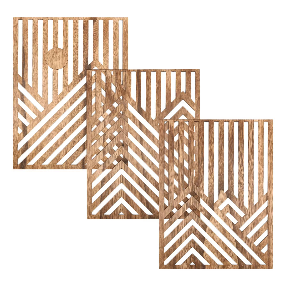 Set of three geometric wooden wall sculptures