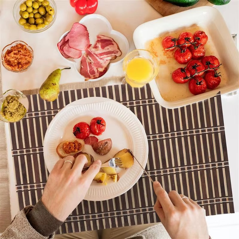 Set of four foldable bamboo slat placemats – shown in use