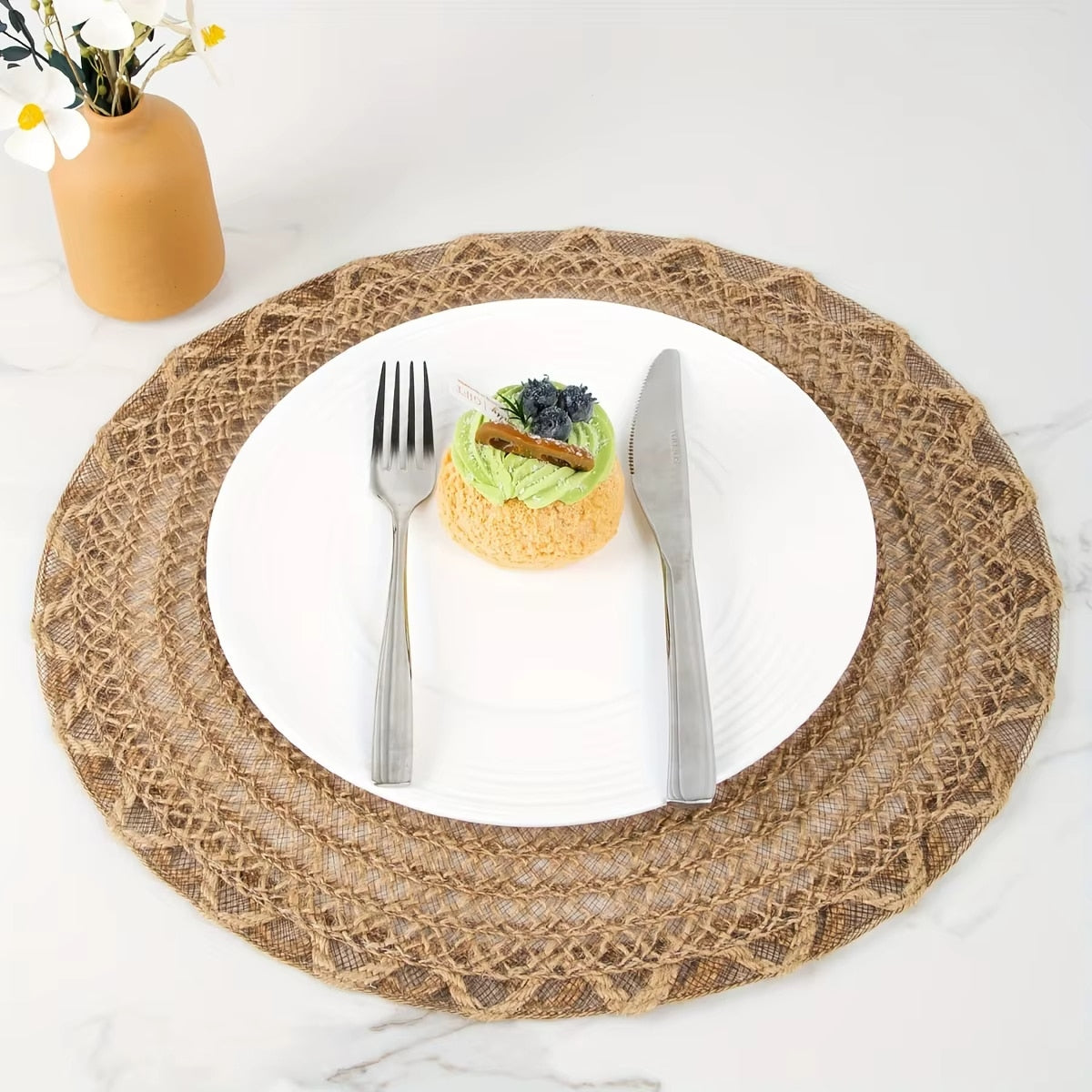 Set of four scalloped straw-look placemats in warm beige – another view