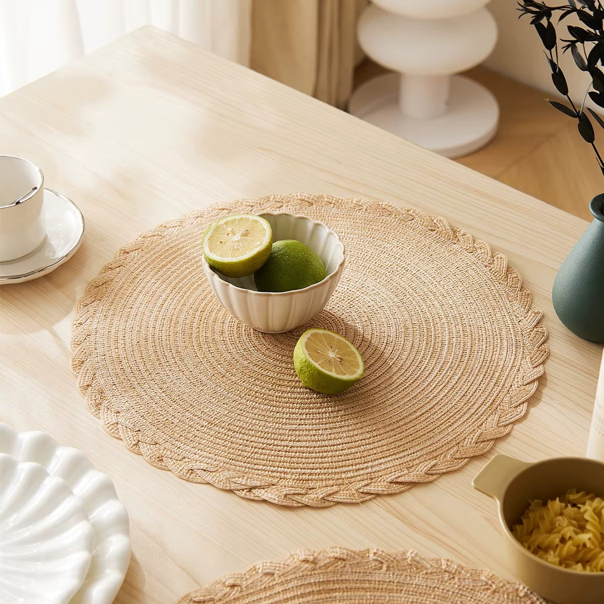 Set of four Japanese-style straw-look placemats – shown in a room setting (2)