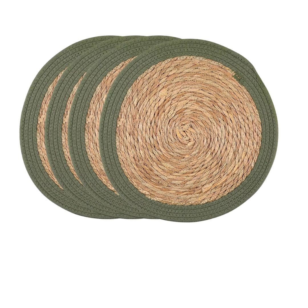 Set of four vintage-style straw placemats with golden highlights