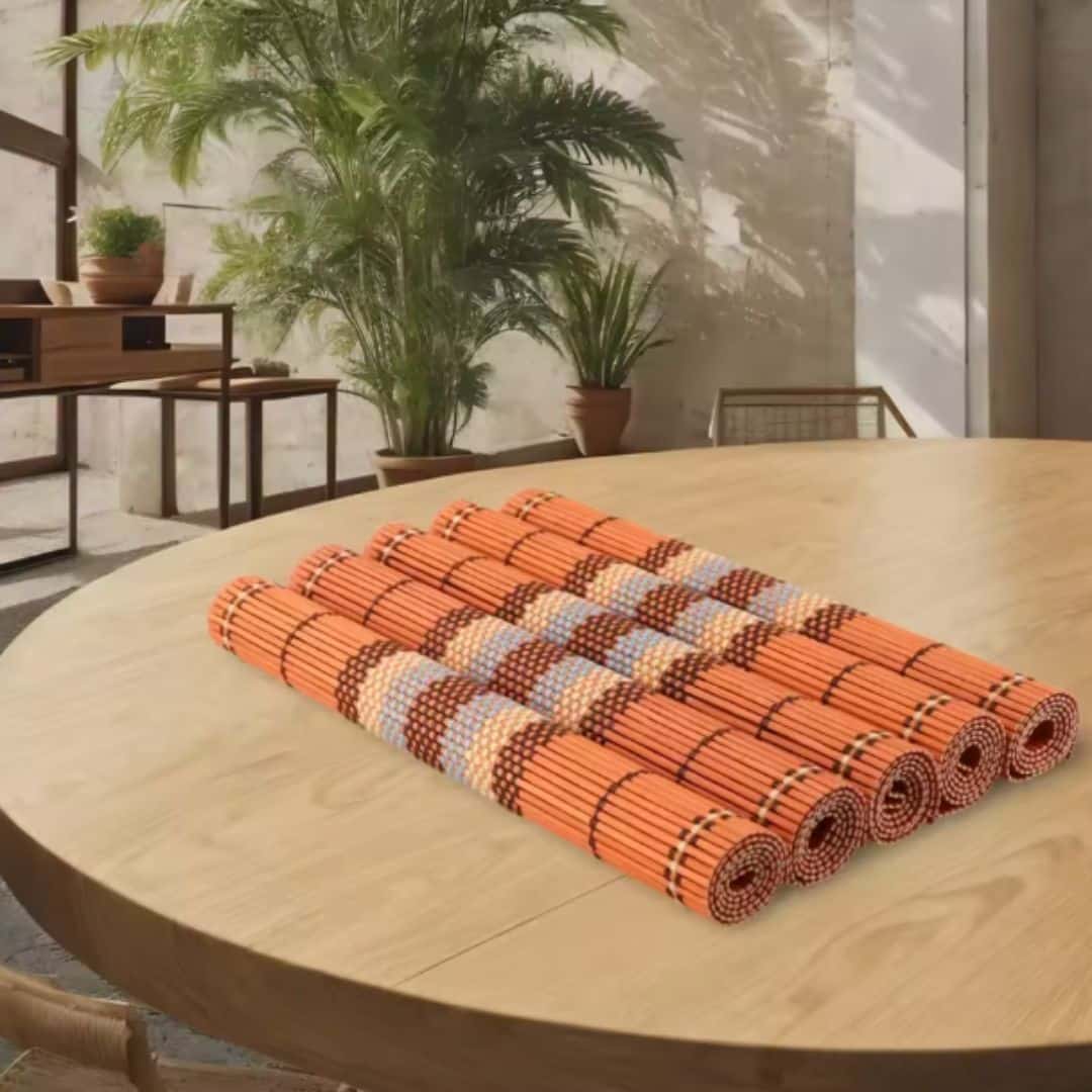 Set of five boho woven bamboo placemats – shown in a room setting