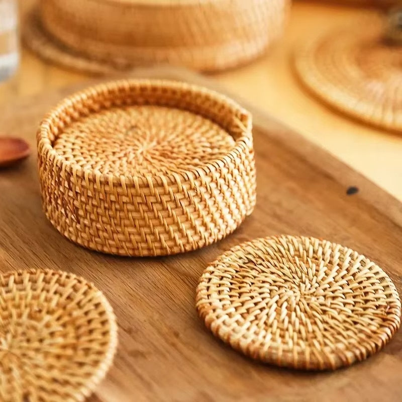 Set of six round rattan coasters – shown in a room setting